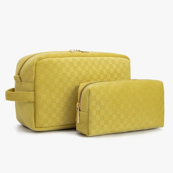 NEW Viverte 2 Piece Checkered Makeup Bags Cosmetic Organizer Yellow - Picture 1 of 9